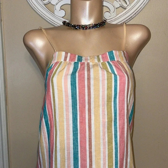 Roxy women’s midi small dress stripe spaghetti linen white yellows pink beach - Picture 3 of 9